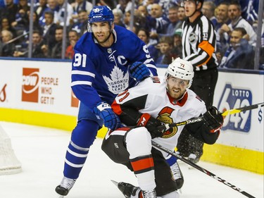Toronto Maple Leafs captain John Tavares during first period NHL hockey action during the home opener  against Ottawa Senators Chris Tierney at the Scotiabank Arena in Toronto on Wednesday October 2, 2019. Ernest Doroszuk/Toronto Sun/Postmedia