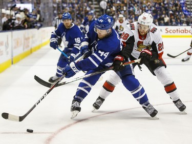 Toronto Maple Leafs Morgan Rielly during 2nd period NHL hockey action during the home opener  against Ottawa Senators Connor Brown at the Scotiabank Arena in Toronto on Wednesday October 2, 2019. Ernest Doroszuk/Toronto Sun/Postmedia