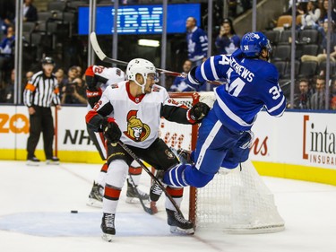 Toronto Maple Leafs Auston Matthews  during 3rd period NHL hockey action during the home opener  against Ottawa Senators Erik Brannstrom at the Scotiabank Arena in Toronto on Wednesday October 2, 2019. Ernest Doroszuk/Toronto Sun/Postmedia