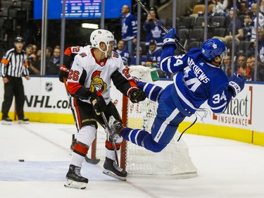 Toronto Maple Leafs Auston Matthews  during 3rd period NHL hockey action during the home opener  against Ottawa Senators Erik Brannstrom at the Scotiabank Arena in Toronto on Wednesday October 2, 2019. Ernest Doroszuk/Toronto Sun/Postmedia