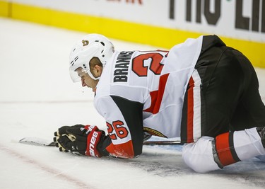 Ottawa Senators Erik Brannstrom appears to be bleeding from his after colliding with Toronto Maple Leafs Auston Matthews  during 3rd period NHL hockey action during the home opener at the Scotiabank Arena in Toronto on Wednesday October 2, 2019. Ernest Doroszuk/Toronto Sun/Postmedia