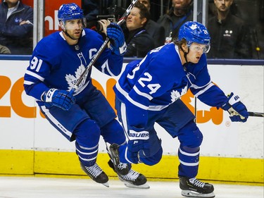 Toronto Maple Leafs John Tavares (left) and Kasperi Kapanen during 3rd period NHL hockey action during the home opener  against Ottawa Senators at the Scotiabank Arena in Toronto on Wednesday October 2, 2019. Ernest Doroszuk/Toronto Sun/Postmedia