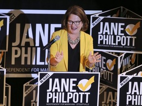 Jane Phllpott addresses supporters after losing as an independent candidate in the Markham-Stouffville riding on Monday October 21, 2019. Veronica Henri/Toronto Sun
