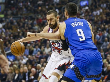 Toronto Raptors Marc Gasol during first half action against Orlando Magic Nikola Vučević	at the Scotiabank Arena in Toronto, Ont. on Monday October 28, 2019. Ernest Doroszuk/Toronto Sun/Postmedia