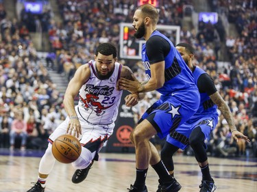 Toronto Raptors Fred VanVleet during first half action against Orlando Magic Evan Fournier at the Scotiabank Arena in Toronto, Ont. on Monday October 28, 2019. Ernest Doroszuk/Toronto Sun/Postmedia