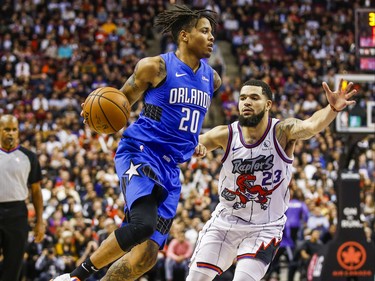 Toronto Raptors Fred VanVleet during 2nd half action against Orlando Magic Markelle Fultz at the Scotiabank Arena in Toronto, Ont. on Monday October 28, 2019. Ernest Doroszuk/Toronto Sun/Postmedia