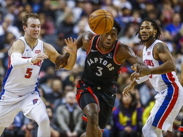 Toronto Raptors OG Anunoby during first half action against Detroit Pistons Luke Kennard (left) and Derrick Rose at the Scotiabank Arena in Toronto, Ont. on Wednesday October 30, 2019. Ernest Doroszuk/Toronto Sun/Postmedia