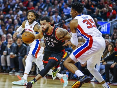 Toronto Raptors Fred VanVleet during first half action against Detroit Pistons Derrick Rose (left) and Christian Wood at the Scotiabank Arena in Toronto, Ont. on Wednesday October 30, 2019. Ernest Doroszuk/Toronto Sun/Postmedia