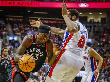 Toronto Raptors Pascal Siakam during first half action against Detroit Pistons  Andre Drummond at the Scotiabank Arena in Toronto, Ont. on Wednesday October 30, 2019. Ernest Doroszuk/Toronto Sun/Postmedia