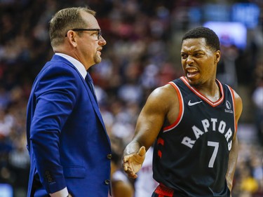 Toronto Raptors Kyle Lowry and head coach Nick Nurse during the first half against Detroit Pistons at the Scotiabank Arena in Toronto, Ont. on Wednesday October 30, 2019. Ernest Doroszuk/Toronto Sun/Postmedia