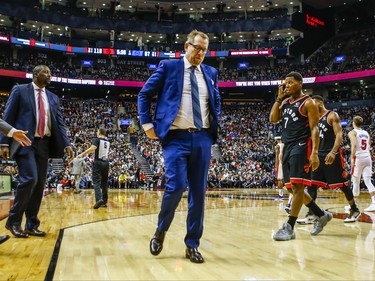 Toronto Raptors head coach Nick Nurse during a break in  second half action against Detroit Pistons at the Scotiabank Arena in Toronto, Ont. on Wednesday October 30, 2019. Ernest Doroszuk/Toronto Sun/Postmedia