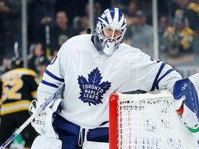 Michael Hutchinson of the Toronto Maple Leafs reacts after Par Lindholm of the Boston Bruins scored a goal at TD Garden on October 22, 2019 in Boston. (Maddie Meyer/Getty Images)