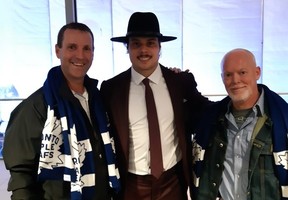 Toronto Maple Leafs star Auston Matthews poses for a photo with Glen “Cowboy” Brunelle (right) and his friend Rick Bianco, a fellow cancer patient, at the Scotiabank Arena on Wednesday, Oct. 2, 2019. (Joe Warmington/Toronto Sun/Postmedia Network)