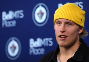 Winnipeg Jets forward Patrik Laine speaks during a media availability at Bell MTS Place in Winnipeg on Monday.