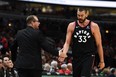 Raptors head coach Nick Nurse greets Marc Gasol during a game earlier this season. (GETTY IMAGES)