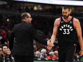 Raptors head coach Nick Nurse greets Marc Gasol during a game earlier this season. (GETTY IMAGES)