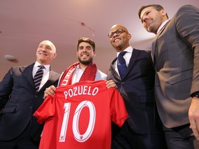 From left, TFC president Bill Manning, Alejandro Pozuelo, GM Ali Curtis and coach Greg Vanney. (DAVE ABEL/Toronto Sun)