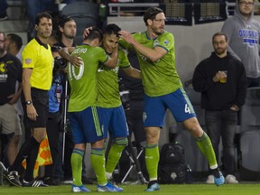 Seattle Sounders FC forward Raúl Ruidíaz (centre) celebrates a goal. (USA TODAY SPORTS)