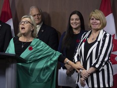 Elizabeth May announces Jo-Ann Roberts as the interim party leader during a news conference in Ottawa, Monday November 4, 2019. May announced she is stepping down as the party leader. THE CANADIAN PRESS/Adrian Wyld