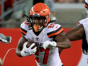 Kareem Hunt, shown here during pre-season action in August, returns from an eight-game suspension to make his Browns debut on Sunday against Buffalo.  GETTY IMAGES