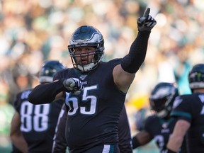 Lane Johnson of the Philadelphia Eagles reacts after a touchdown against the Chicago Bears in the third quarter at Lincoln Financial Field on November 3, 2019 in Philadelphia, Pennsylvania.