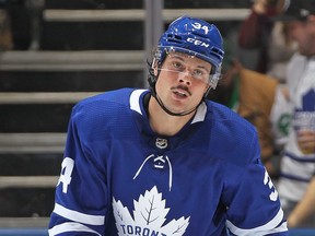 Auston Matthews #34 of the Toronto Maple Leafs heads back to the bench after his goal against the Vegas Golden Knights during an NHL game at Scotiabank Arena on November 7, 2019 in Toronto. (Photo by Claus Andersen/Getty Images)