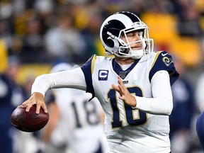 Jared Goff of the Los Angeles Rams looks to pass during the second quarter against the Pittsburgh Steelers at Heinz Field on November 10, 2019 in Pittsburgh, Pennsylvania.