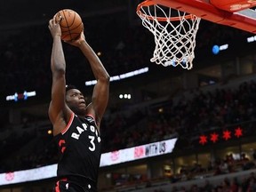 OG Anunoby of the Toronto Raptors dunks during the first quarter against the Chicago Bulls at United Center on October 26, 2019 in Chicago, Illinois.