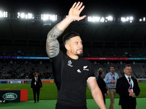 Sonny Bill Williams of New Zealand shows appreciation to the fans after victory and playing his final game for New Zealand following the Rugby World Cup 2019 Bronze Final match between New Zealand and Wales at Tokyo Stadium on November 01, 2019 in Chofu, Tokyo, Japan. (Photo by Hannah Peters/Getty Images)