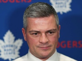 Head coach Sheldon Keefe of the Toronto Maple Leafs chats with the media prior to action against the Buffalo Sabres in an NHL game at Scotiabank Arena on November 30, 2019 in Toronto, Ontario, Canada.