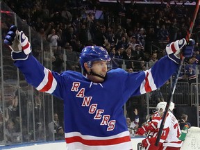 Ryan Strome of the New York Rangers celebrates a goal. He is averaging a point a game early in the season. (Bruce Bennett/Getty Images)