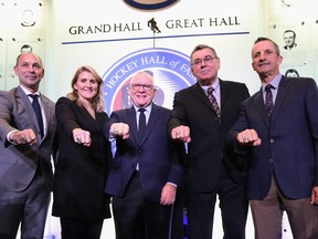 From left, the Hockey Hall of Fame class of 2019: Sergei Zubov, Hayley Wickenheiser, Jim Rutherford, Vaclav Nedomansky and Guy Carbonneau. The five legends received their Hall of Fame rings yesterday.  Bruce Bennett/Getty Images