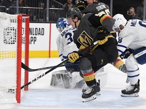 Cody Glass  of the Vegas Golden Knights gets a rebound and scores a power-play goal against Frederik Andersen of the Toronto Maple Leafs in the second period of their game at at T-Mobile Arena on November 19, 2019 in Las Vegas, Nevada.  (Photo by Ethan Miller/Getty Images)