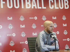 Michael Bradley answers during a Toronto FC's season-ending news conference on Wednesday. (VERONICA HENRI/Toronto Sun)