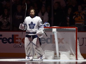 Toronto Maple Leafs goaltender Kasimir Kaskisuo stands for the national anthem before making his NHL debut against the Pittsburgh Penguins at PPG Paints Arena, Nov. 16, 2019. (Charles LeClaire-USA TODAY Sports)