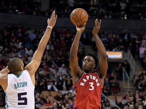 Toronto Raptors forward OG Anunoby takes a shot against the Charlotte Hornets on Monday. (USA TODAY SPORTS)