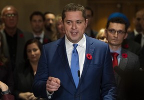 Conservative Leader Andrew Scheer speaks to reporters following a caucus meeting on Parliament Hill in Ottawa, on Wednesday, Nov. 6, 2019. THE CANADIAN PRESS/Justin Tang