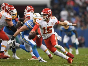 Kansas City Chiefs quarterback Patrick Mahomes is well short of his statistical totals from last season. (GETTY IMAGES)