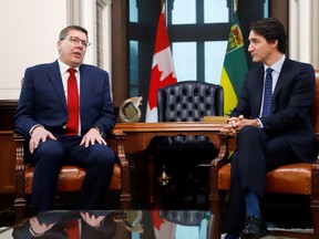 Prime Minister Justin Trudeau meets with Saskatchewan's Premier Scott Moe on Parliament Hill in Ottawa November 12, 2019.  REUTERS/Patrick Doyle