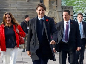 Prime Minister Justin Trudeau walks to a meeting with Liberal caucus members in Ottawa on November 7, 2019.