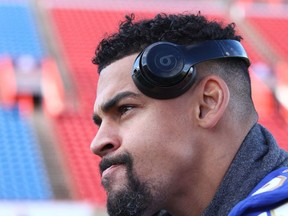 Winnipeg Blue Bombers' running back Andrew Harris answers media questions following practice for Grey Cup 2019 at McMahon Stadium in Calgary Saturday, November 23, 2019.