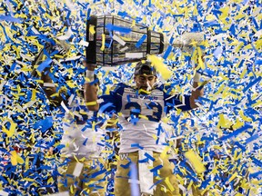 Nov 24, 2019; Calgary, Alberta, CAN; Winnipeg Blue Bombers running back Andrew Harris (33) celebrate win over Hamilton Tiger-Cats during the 107th Grey Cup championship football game at McMahon Stadium. Mandatory Credit: Sergei Belski-USA TODAY Sports ORG XMIT: USATSI-408191