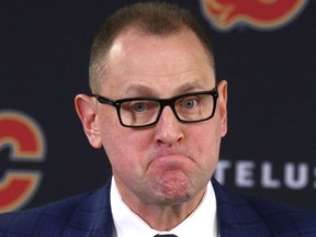 Calgary Flames GM Brad Trelving speaks to media in Clagary at the Saddledome on Friday, November 29, 2019. The NHL team officially announced Bill Peters will no longer coach the team and it has accepted Peters' resignation. Jim Wells/Postmedia