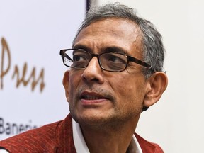 Indian-born Abhijit Banerjee of the US, a joint winner of the 2019 Nobel Economics Prize, speaks during an event at the India International Centre (IIC) in New Delhi on October 22, 2019.