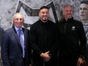 Toronto Woolfpack chairman Bob Hunter, from left, former New Zealand international Sonny Bill Williams and coach Brian McDermott pose at the Emirates stadium in London on November 14, 2019 as Williams is unveiled as a player for Rugby Super League team Toronto Woolfpack. (Photo by ISABEL INFANTES/AFP via Getty Images)