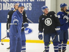 Maple Leafs head coach Mike Babcock gives direction to his players during a practice. With the Maple Leafs struggling, Babcock was fired on Wednesday. (Ernest Doroszuk/Toronto Sun)