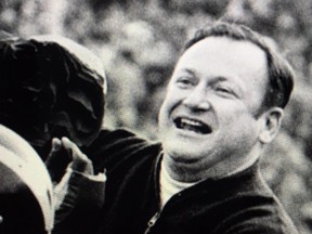 Photo of Schembechler celebrating 1969 win over Ohio State. (Bo Schembechler: Man in Motion)