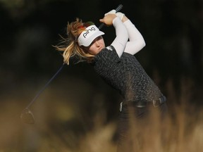 Brooke Henderson plays her shot from the 18th tee during the second round of the CME Group Tour Championship at Tiburon Golf Club in Naples, Fla., on Friday, Nov. 22, 2019.