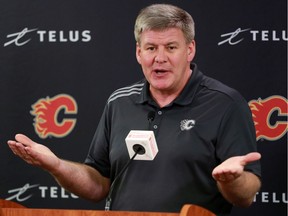 Calgary Flames head coach Bill Peters talks with media after the team cleaned out their lockers on Monday April 22, 2019. Gavin Young/Postmedia