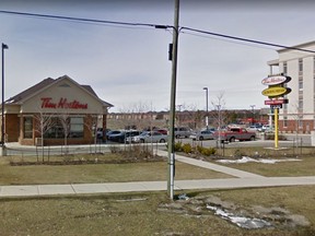 A Tim Hortons on Markham Rd. at Denison St. in Markham.